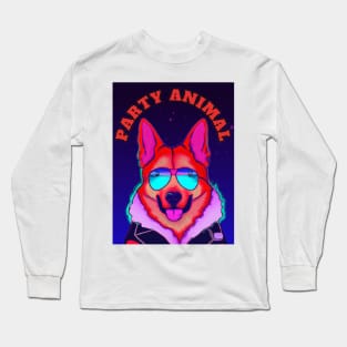 Party Animal Police K9 Dog Synthwave Retro Background Long Sleeve T-Shirt